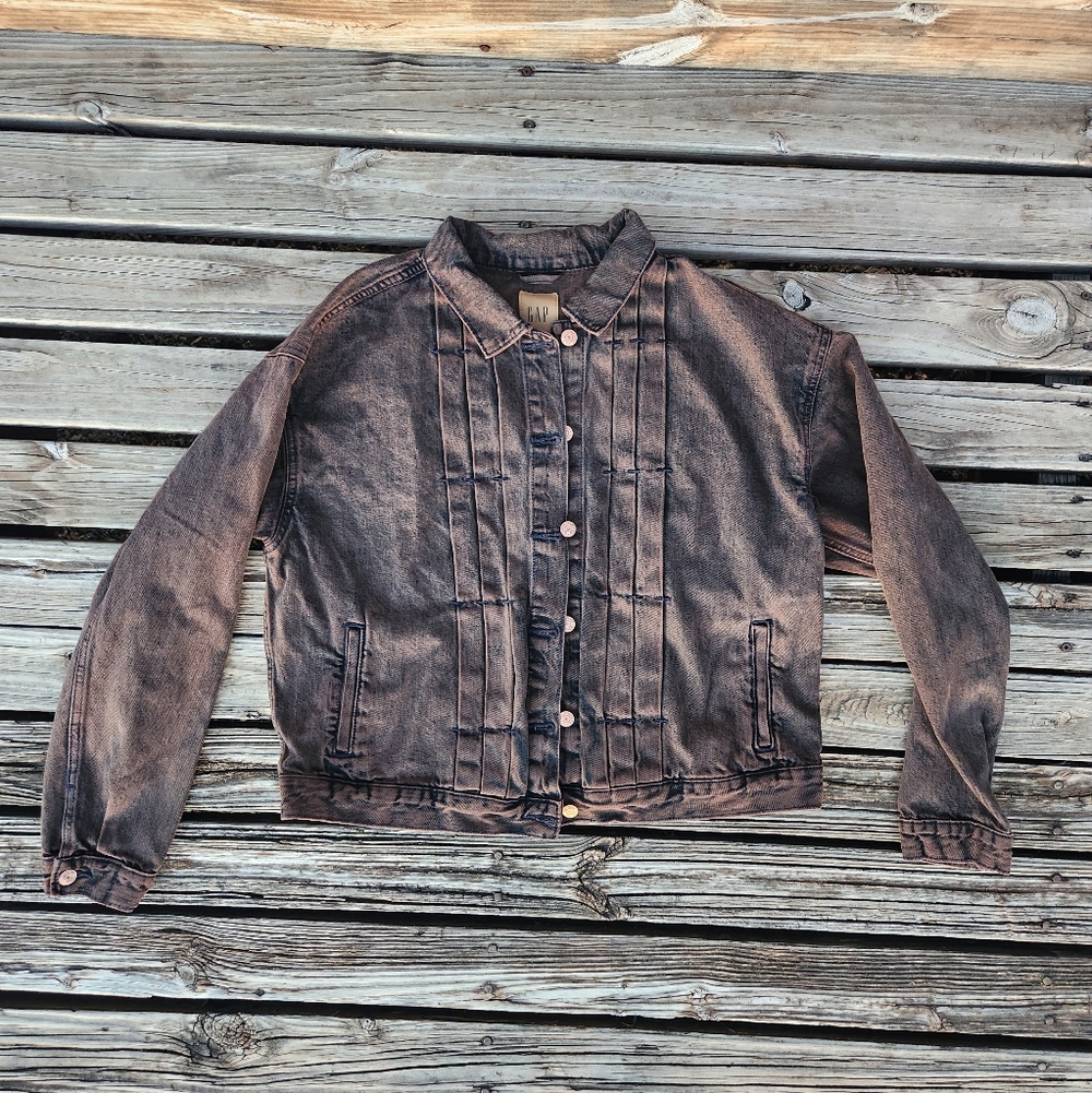 Gap Oversized Tux Icon Denim Jean Jacket Woodsy Brown Wash XL Baddie Black - Picture 3 of 9